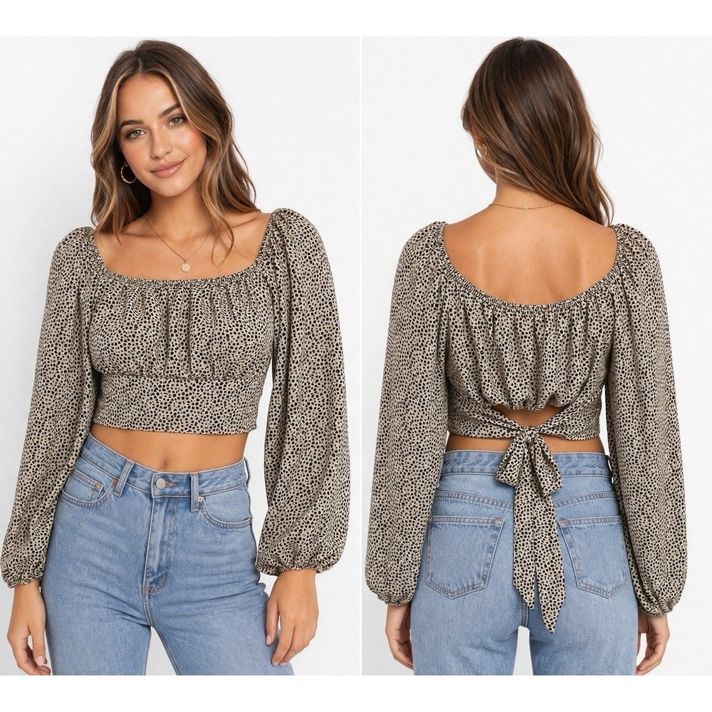 Jayna Crop Top Women Medium Tan Black Animal Print Tie Back Puff Sleeve Romantic